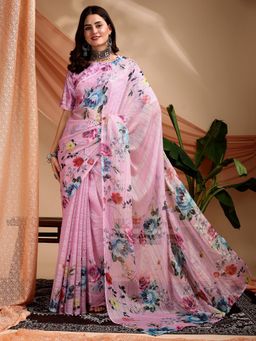 Nyri - Pure Chiffon Ombre Lavender Abstract Printed Designer Saree with Unstitched Blouse
