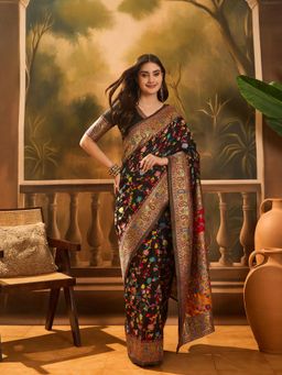 Nyri - Blooming Black Pure Cotton Kashmiri Pashmina Saree with Unstitched Blouse