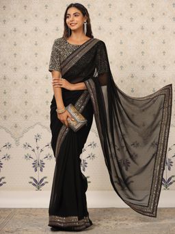 Nyri - Pure Georgette Coal Black Colourblocked Heavy Work Saree with Unstitched Blouse