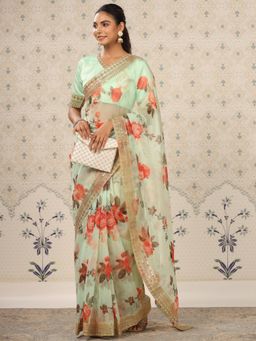 Nyri - Organza Pastel Floral Printed Sequinned Festive Saree with Unstitched Blouse