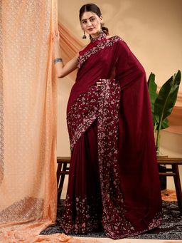 Nyri - Silk Blend Cherish Wine Embroidered Designer Saree with Unstitched Blouse