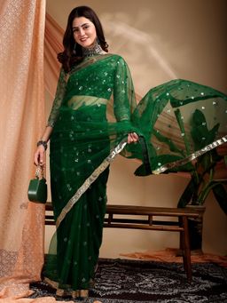 Nyri - Soft Net Olive Sequinned Designer Saree with Unstitched Blouse