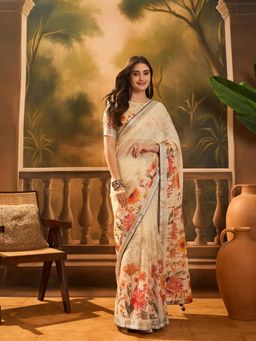 Nyri - Pastel Cream Pure Chex Lilen Indie Floral Saree with Unstitched Blouse