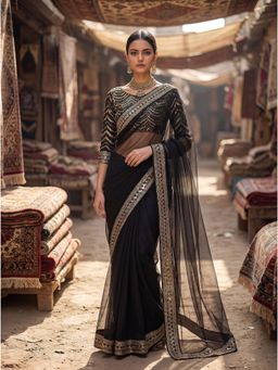 Nyri - Embroidered Sequinned Saree with Unstitched Blouse