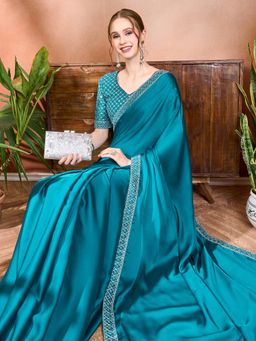 Nyri - Satin Silk Morpankh Shade Colourblocked Embroidered Party Saree with Unstitched Blouse