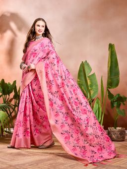 Nyri - Mysore Silk Pink Festive Indie Florals Saree with Unstitched Blouse