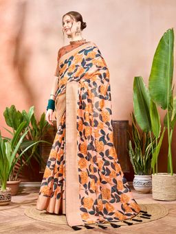 Nyri - Mysore Silk Peachy Peach Festive Indie Florals Saree with Unstitched Blouse