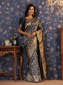 Nyri - Pure Silk Earthy Grey Woven Zari Border Saree with Unstitched Blouse