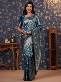 Nyri - Pure Silk Samarkand Blue Banarasi Woven Zari Border Saree with Unstitched Blouse