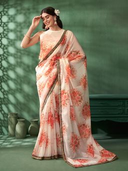 Nyri - Pure Georgette Cream Floral Printed Embroidered Designer Saree with Unstitched Blouse