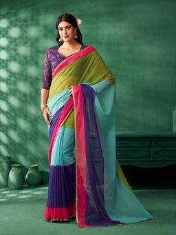 Nyri - Pure Georgette Candy Colors Striped Printed Solid Saree with Unstitched Blouse