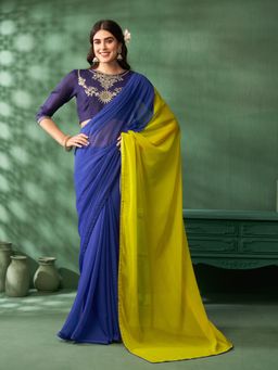 Nyri - Pure Georgette Candy Colors Colourblocked Printed Embroidered Saree with Unstitched Blouse