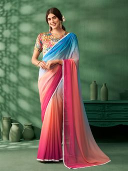 Nyri - Pure Georgette Candy Colors Ombre Printed Embellished Saree with Unstitched Blouse
