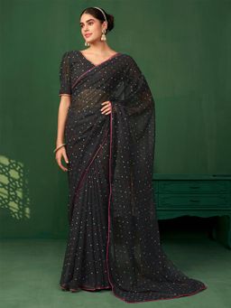 Nyri - Pure Georgette Black Polka Dots Printed Solid Daily Designer Saree with Unstitched Blouse