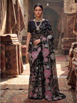 Nyri - Black Pure Georgette Embroidered Batik Heavy Work Saree with Unstitched Blouse