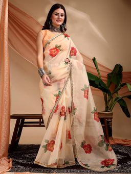 Nyri - Organza Cream Floral Printed Sequinned Saree with Unstitched Blouse