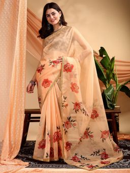 Nyri - Organza Cream Floral Printed Sequinned Saree with Unstitched Blouse
