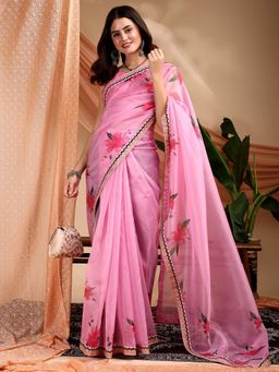Nyri - Organza Gulab Floral Printed Sequinned Saree with Unstitched Blouse