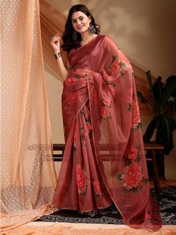 Nyri - Organza Red Floral Printed Embroidered Saree with Unstitched Blouse