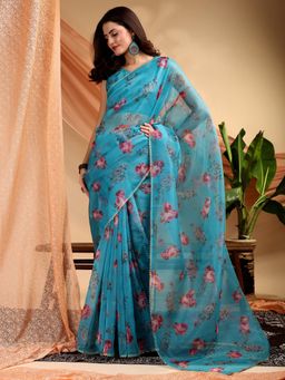 Nyri - Organza Peacock Blue Floral Printed Embroidered Saree with Unstitched Blouse
