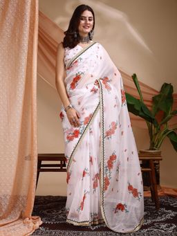 Nyri - Organza White Floral Printed Sequinned Saree with Unstitched Blouse
