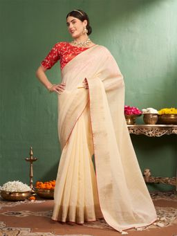 Nyri - Cream Coimbatore Cotton Woven Zari Festive Saree with Unstitched Blouse
