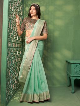 Nyri - Sea Green Coimbatore Cotton Solid Zari Festive Saree with Unstitched Blouse