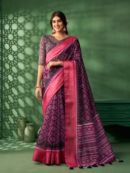 Nyri - Pink Coimbatore Cotton Floral Printed Zari Festive Saree with Unstitched Blouse