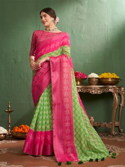 Nyri - Lime Green Coimbatore Cotton Floral Printed Zari Saree with Unstitched Blouse