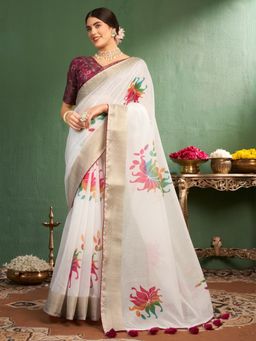 Nyri - White Coimbatore Cotton Floral Printed Zari Festive Saree with Unstitched Blouse