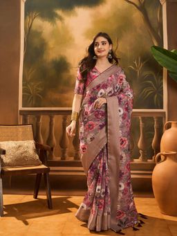 Nyri - Pure Art Silk Garden Print Purple Saree with Unstitched Blouse with Regular Blouse
