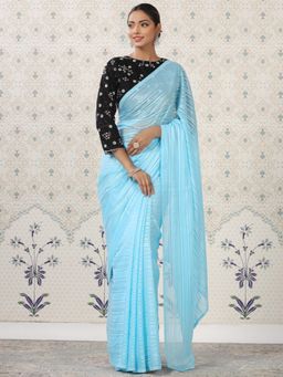 Nyri - Heavy Stripes Satin Silk Dusty Sky Saree with Unstitched Blouse