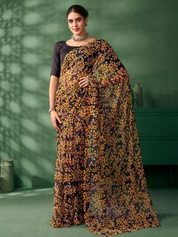 Nyri - Poly Georgette Blooming Black Floral Printed Daily Designer Saree with Unstitched Blouse