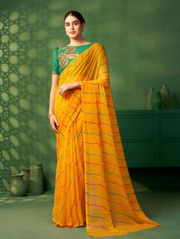 Nyri - Poly Georgette Gold Yellow Bandhani Embroidered Printed Saree with Unstitched Blouse