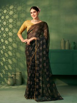 Nyri - Poly Chiffon Blooming Black Embellished Daily Designer Saree with Unstitched Blouse