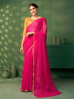 Nyri - Poly Chiffon Fuchsia Pink Embellished Daily Designer Saree with Unstitched Blouse