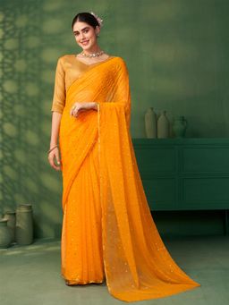 Nyri - Poly Chiffon Gold Orange Embellished Daily Designer Saree with Unstitched Blouse