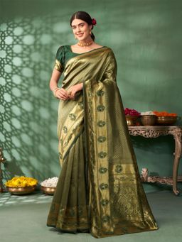 Nyri - Green Silk Blend Banarasi Woven Design Abstract Zari Saree with Unstitched Blouse