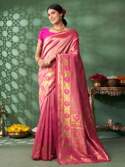 Nyri - Pink Silk Blend Banarasi Woven Design Abstract Zari Saree with Unstitched Blouse