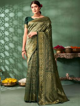 Nyri - Green Silk Blend Patola Embellished Woven Design Zari Saree with Unstitched Blouse