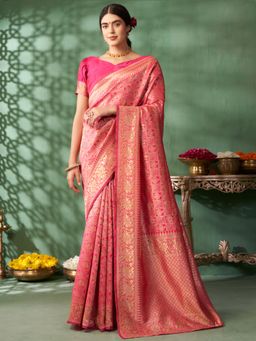 Nyri - Peach Silk Blend Patola Embellished Woven Design Zari Saree with Unstitched Blouse