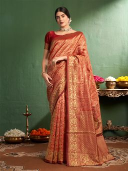 Nyri - Red Silk Blend Patola Embellished Woven Design Zari Saree with Unstitched Blouse
