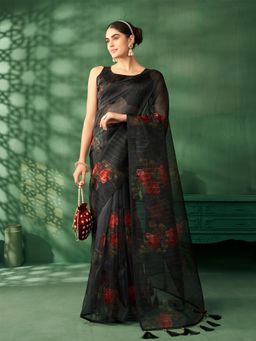 Nyri - Shinny Sequinned Organza Blooming Black Floral Printed Saree with Unstitched Blouse