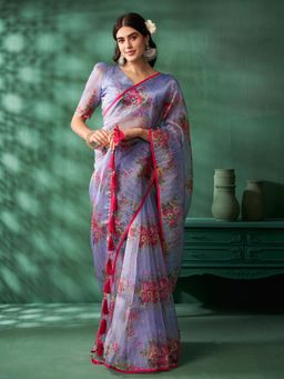 Nyri - Shinny Sequinned Organza Lavender Floral Printed Saree with Unstitched Blouse