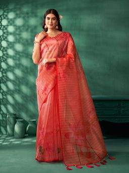 Nyri - Shinny Sequinned Organza Blood Red Stripes Printed Saree with Unstitched Blouse