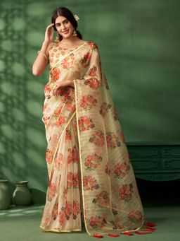 Nyri - Shinny Sequinned Organza Cream Floral Printed Designer Saree with Unstitched Blouse