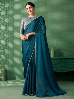 Nyri - Satin Morpankh Color Colourblocked Embellished Embroidered Saree with Unstitched Blouse