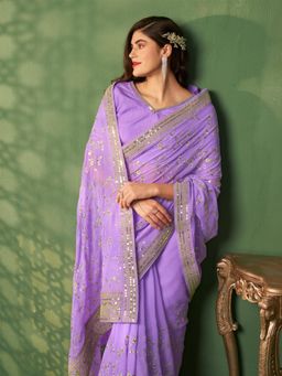 Nyri - Pure Viscose Pastel Lavender Color Fully Embroidery Saree with Unstitched Blouse