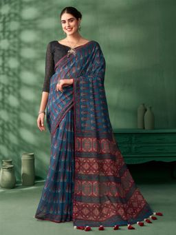 Nyri - Navy Blue Jaipuri Cotton Bagh Printed Festive Saree with Unstitched Blouse
