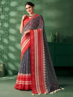 Nyri - Grey Jaipuri Cotton Paisley Printed Festive Saree with Unstitched Blouse